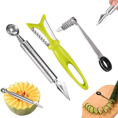 4pcs Kitchen Spiral Vegetable Cutter Set with V-Shaped Carving Cutting Tool, Peeler peeling and Flower-Shaped Fruit Carver Spiralizer Slicer Knife for Potatoes Cucumbers Melons Tomato Veggie