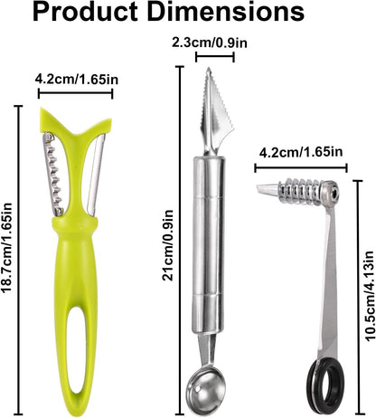 4pcs Kitchen Spiral Vegetable Cutter Set with V-Shaped Carving Cutting Tool, Peeler peeling and Flower-Shaped Fruit Carver Spiralizer Slicer Knife for Potatoes Cucumbers Melons Tomato Veggie