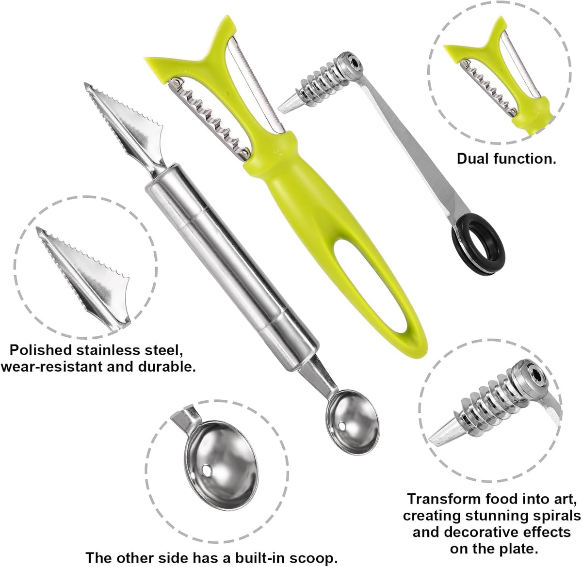 4pcs Kitchen Spiral Vegetable Cutter Set with V-Shaped Carving Cutting Tool, Peeler peeling and Flower-Shaped Fruit Carver Spiralizer Slicer Knife for Potatoes Cucumbers Melons Tomato Veggie