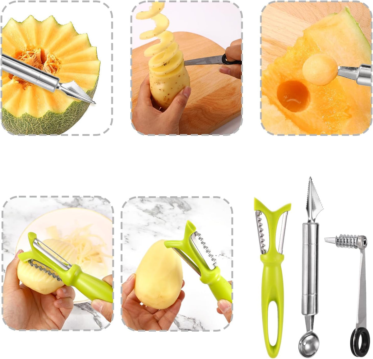 4pcs Kitchen Spiral Vegetable Cutter Set with V-Shaped Carving Cutting Tool, Peeler peeling and Flower-Shaped Fruit Carver Spiralizer Slicer Knife for Potatoes Cucumbers Melons Tomato Veggie