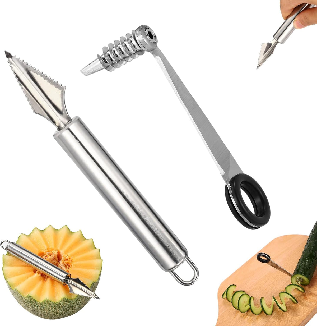 4pcs Kitchen Spiral Vegetable Cutter Set with V-Shaped Carving Cutting Tool, Peeler peeling and Flower-Shaped Fruit Carver Spiralizer Slicer Knife for Potatoes Cucumbers Melons Tomato Veggie