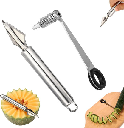 4pcs Kitchen Spiral Vegetable Cutter Set with V-Shaped Carving Cutting Tool, Peeler peeling and Flower-Shaped Fruit Carver Spiralizer Slicer Knife for Potatoes Cucumbers Melons Tomato Veggie