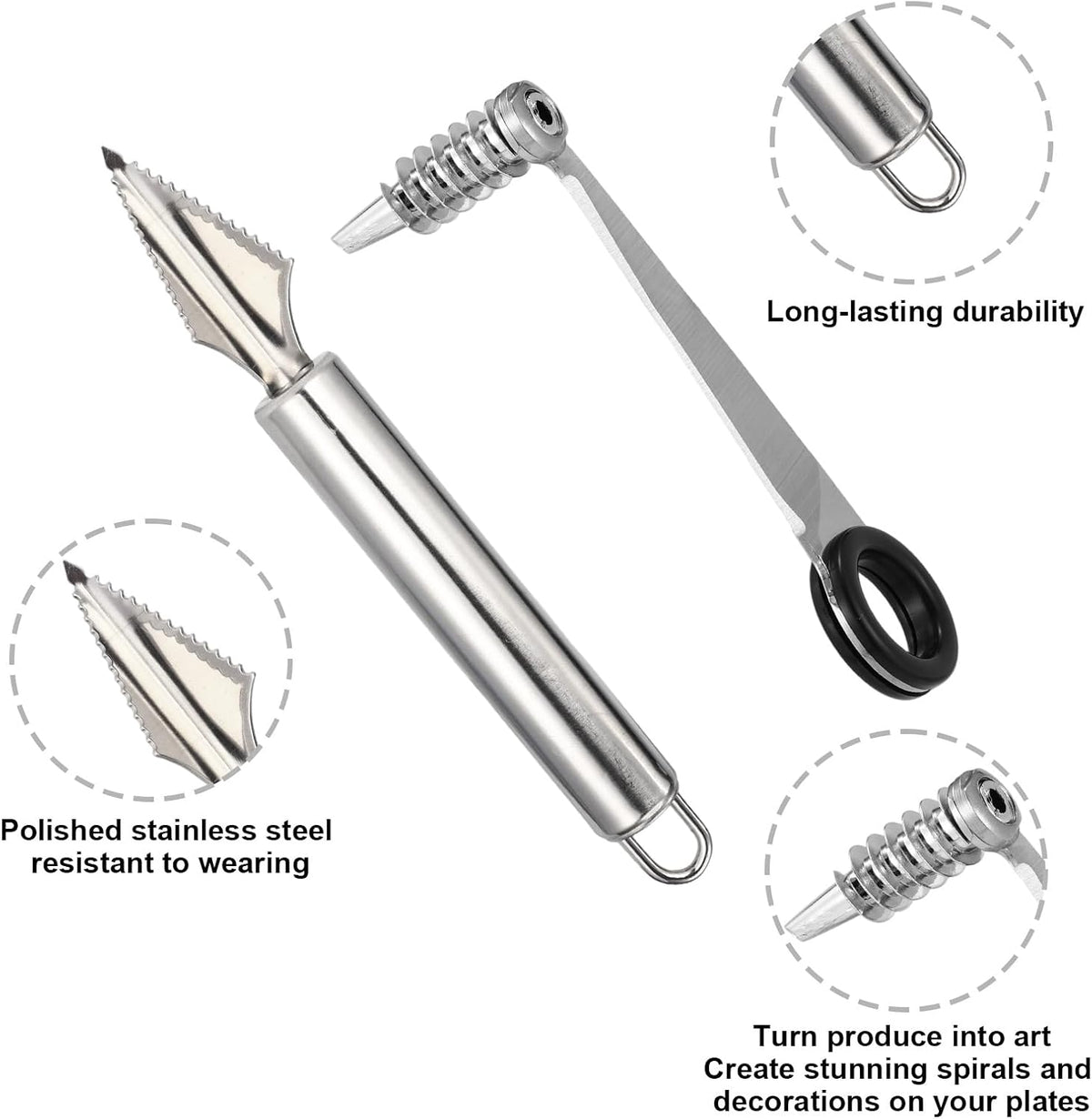 4pcs Kitchen Spiral Vegetable Cutter Set with V-Shaped Carving Cutting Tool, Peeler peeling and Flower-Shaped Fruit Carver Spiralizer Slicer Knife for Potatoes Cucumbers Melons Tomato Veggie