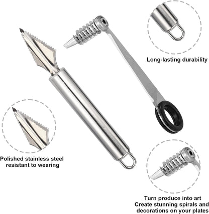 4pcs Kitchen Spiral Vegetable Cutter Set with V-Shaped Carving Cutting Tool, Peeler peeling and Flower-Shaped Fruit Carver Spiralizer Slicer Knife for Potatoes Cucumbers Melons Tomato Veggie