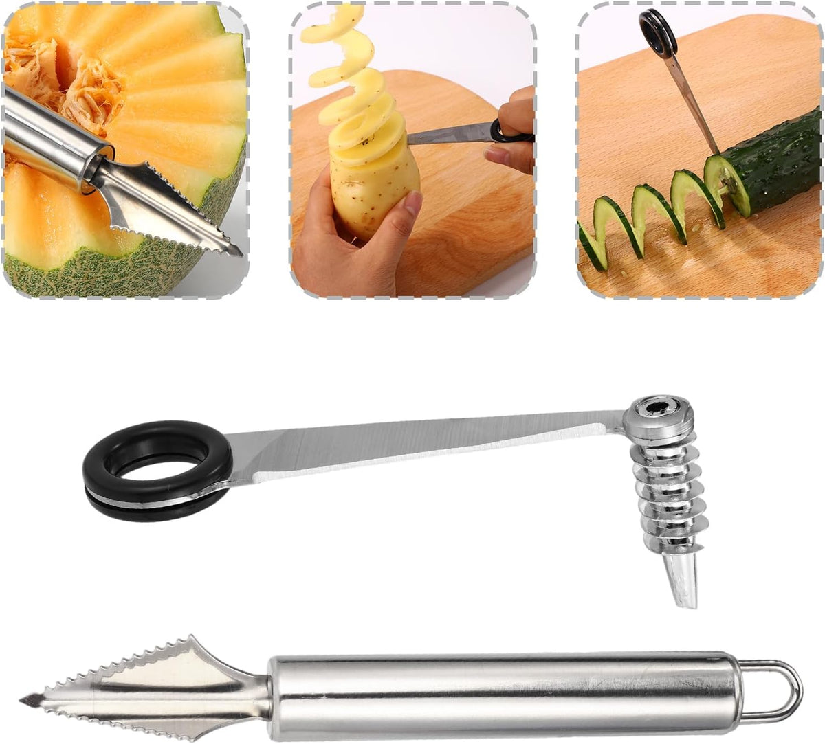 4pcs Kitchen Spiral Vegetable Cutter Set with V-Shaped Carving Cutting Tool, Peeler peeling and Flower-Shaped Fruit Carver Spiralizer Slicer Knife for Potatoes Cucumbers Melons Tomato Veggie