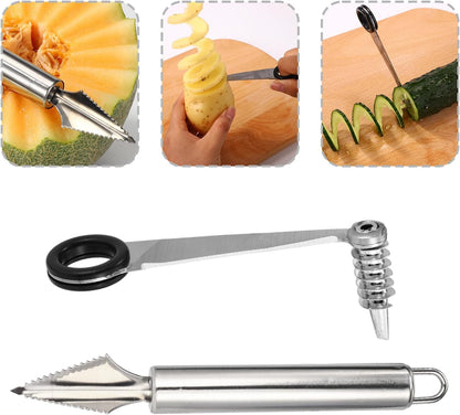 4pcs Kitchen Spiral Vegetable Cutter Set with V-Shaped Carving Cutting Tool, Peeler peeling and Flower-Shaped Fruit Carver Spiralizer Slicer Knife for Potatoes Cucumbers Melons Tomato Veggie