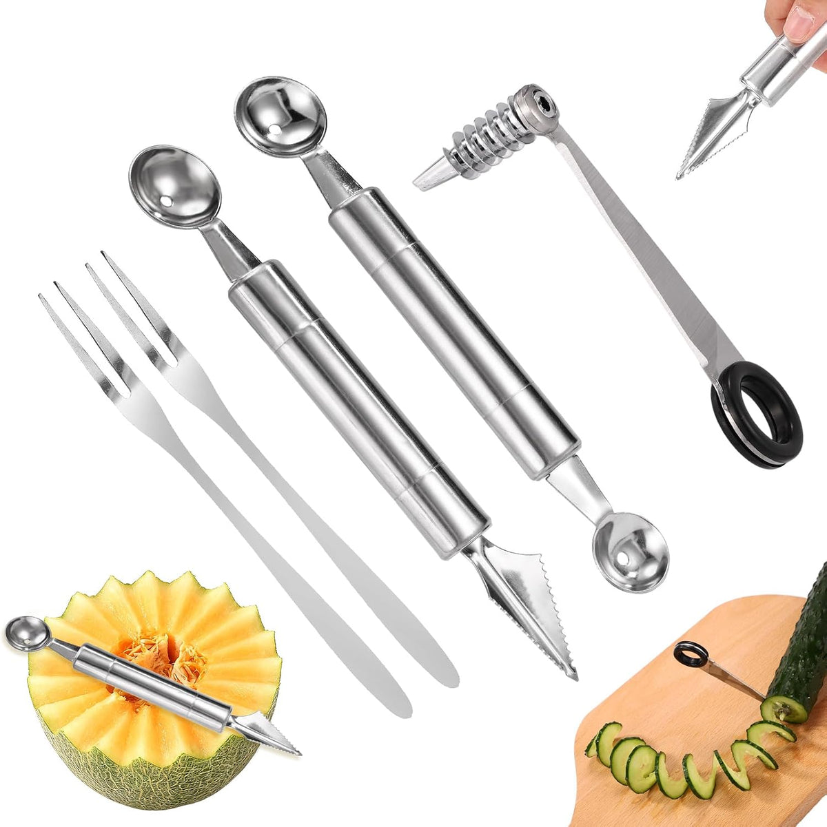 4pcs Kitchen Spiral Vegetable Cutter Set with V-Shaped Carving Cutting Tool, Peeler peeling and Flower-Shaped Fruit Carver Spiralizer Slicer Knife for Potatoes Cucumbers Melons Tomato Veggie