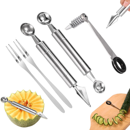 4pcs Kitchen Spiral Vegetable Cutter Set with V-Shaped Carving Cutting Tool, Peeler peeling and Flower-Shaped Fruit Carver Spiralizer Slicer Knife for Potatoes Cucumbers Melons Tomato Veggie