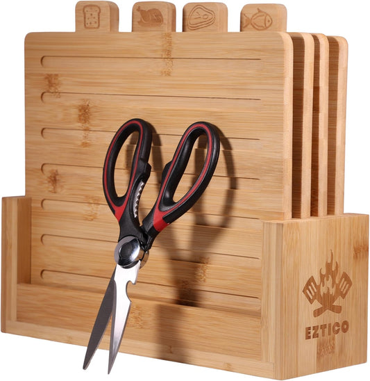 4-Piece Bamboo Cutting Board Set And Premium Scissors, Perfect Wooden Charcuterie and Chopping Boards, Ideal Juice Groove, BPA-Free, kitchen stuff, and kitchen must haves 2026.