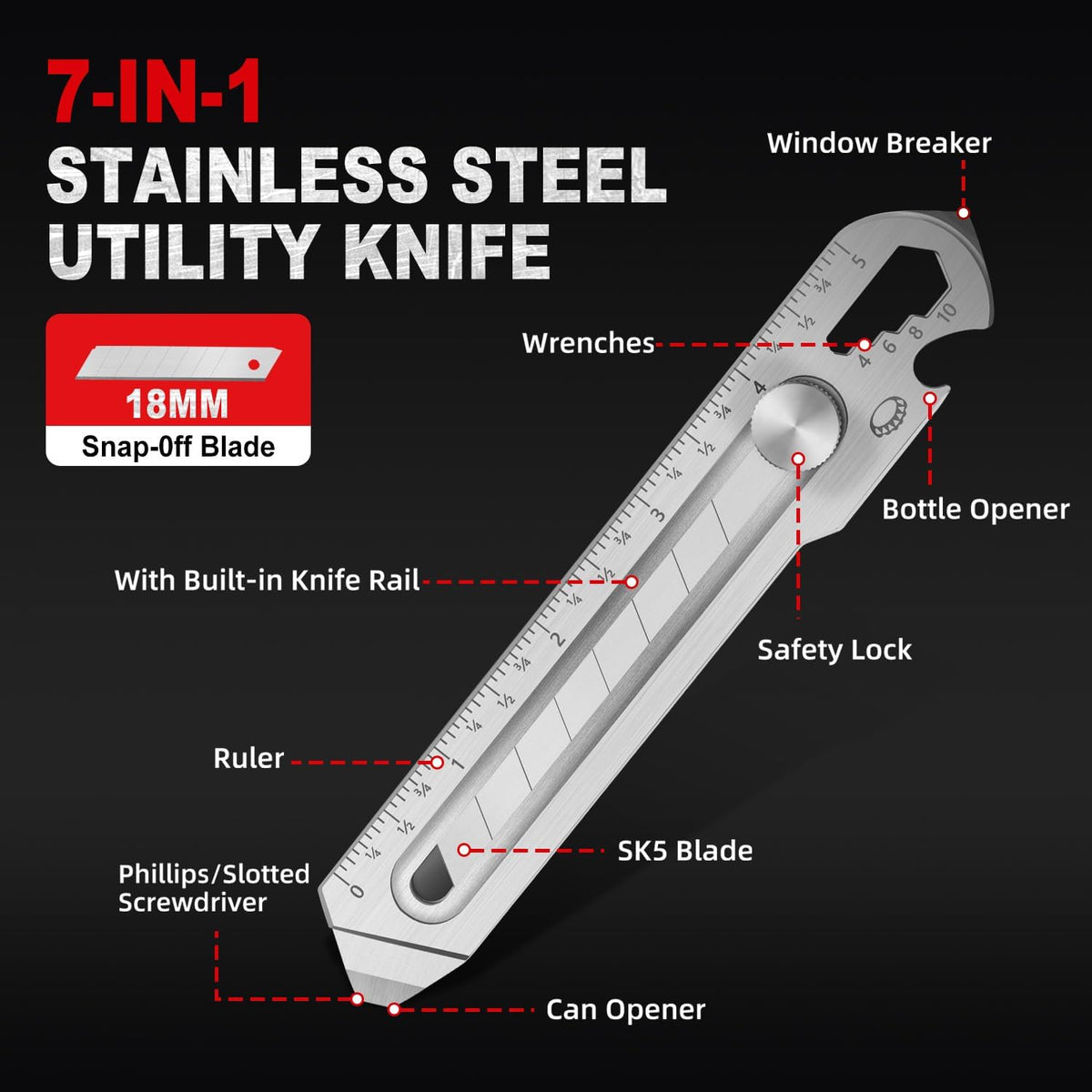 18mm Snap Off Utility Knife, Stainless Steel Heavy Duty Box Cutter