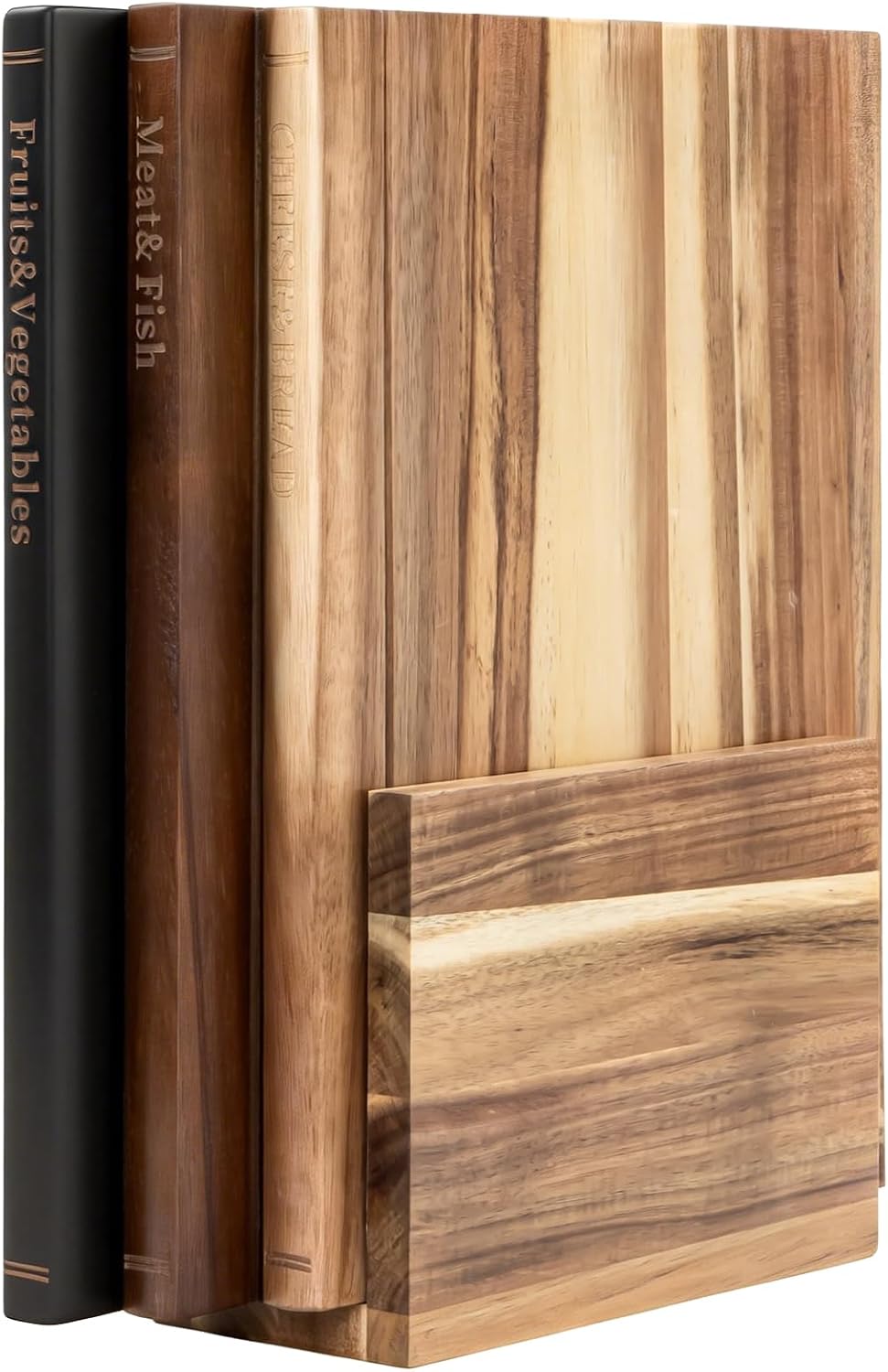 Book Cutting Board Set with Stand，Wooden Cutting Boards That Look Like Books for Serving & Display，Acacia Wood for Meat, Vegetables, Cheese & Bread，3-Piece Set