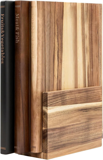 Book Cutting Board Set with Stand，Wooden Cutting Boards That Look Like Books for Serving & Display，Acacia Wood for Meat, Vegetables, Cheese & Bread，3-Piece Set