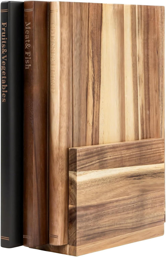 Book Cutting Board Set with Stand，Wooden Cutting Boards That Look Like Books for Serving & Display，Acacia Wood for Meat, Vegetables, Cheese & Bread，3-Piece Set