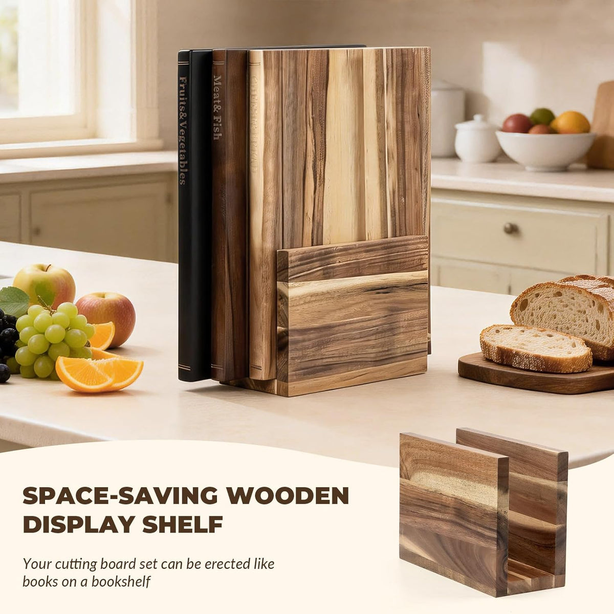 Book Cutting Board Set with Stand，Wooden Cutting Boards That Look Like Books for Serving & Display，Acacia Wood for Meat, Vegetables, Cheese & Bread，3-Piece Set