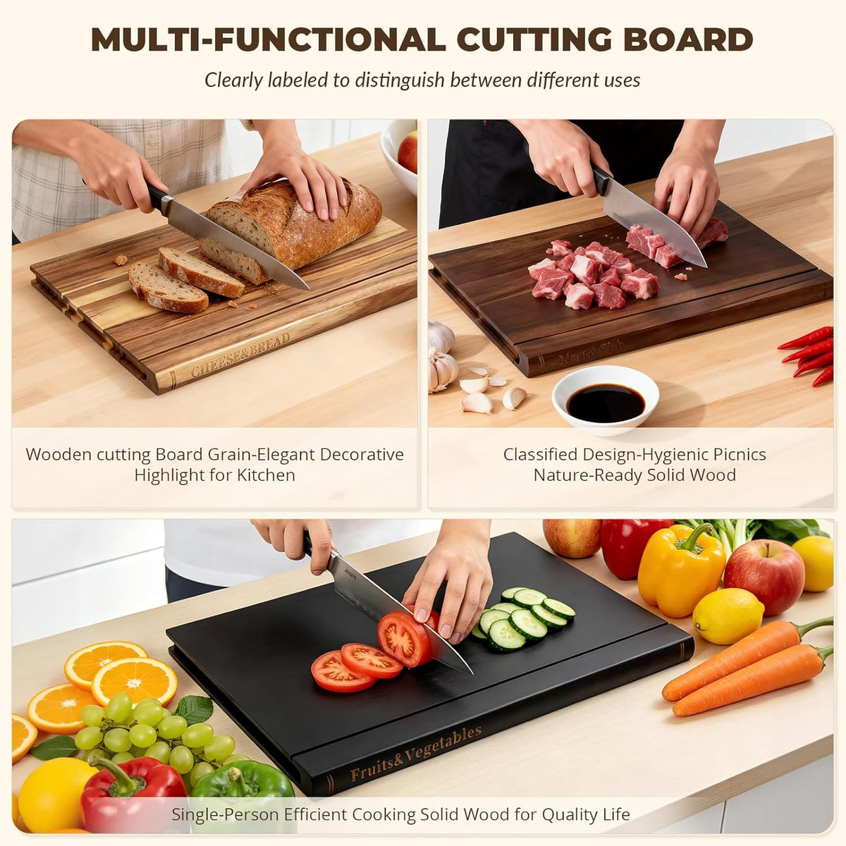 Book Cutting Board Set with Stand，Wooden Cutting Boards That Look Like Books for Serving & Display，Acacia Wood for Meat, Vegetables, Cheese & Bread，3-Piece Set