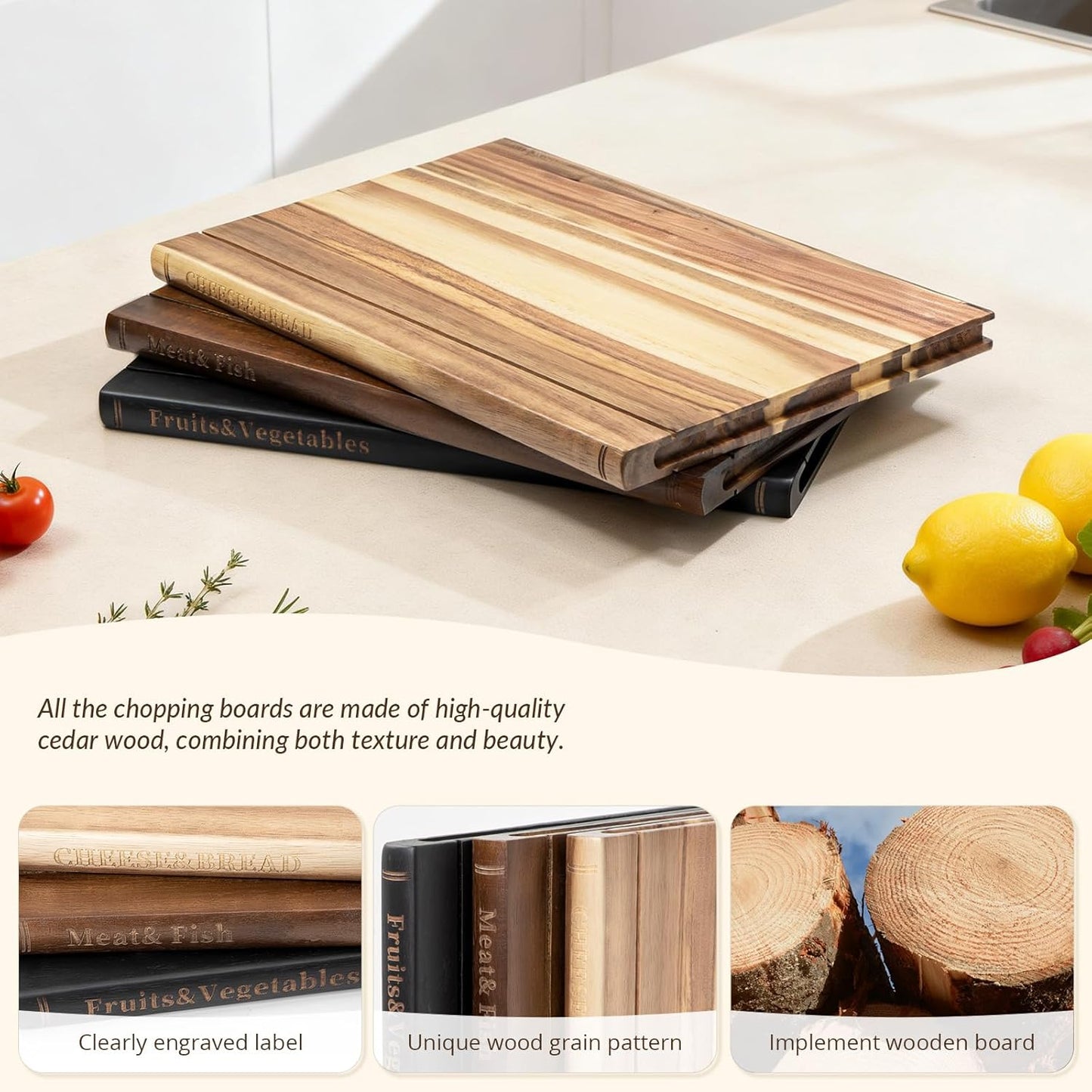 Book Cutting Board Set with Stand，Wooden Cutting Boards That Look Like Books for Serving & Display，Acacia Wood for Meat, Vegetables, Cheese & Bread，3-Piece Set