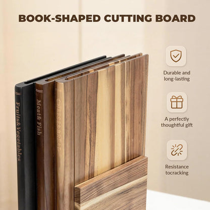 Book Cutting Board Set with Stand，Wooden Cutting Boards That Look Like Books for Serving & Display，Acacia Wood for Meat, Vegetables, Cheese & Bread，3-Piece Set