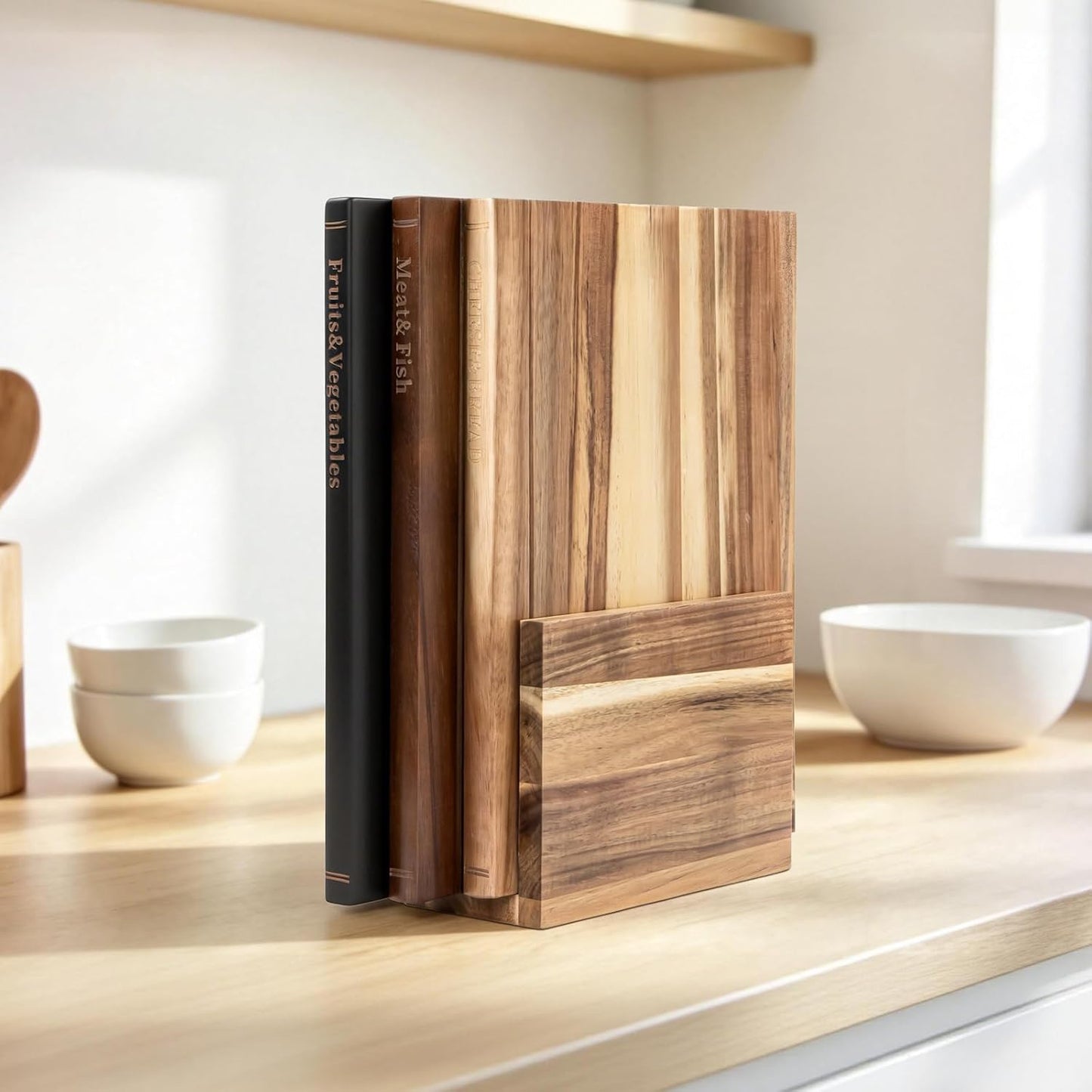 Book Cutting Board Set with Stand，Wooden Cutting Boards That Look Like Books for Serving & Display，Acacia Wood for Meat, Vegetables, Cheese & Bread，3-Piece Set