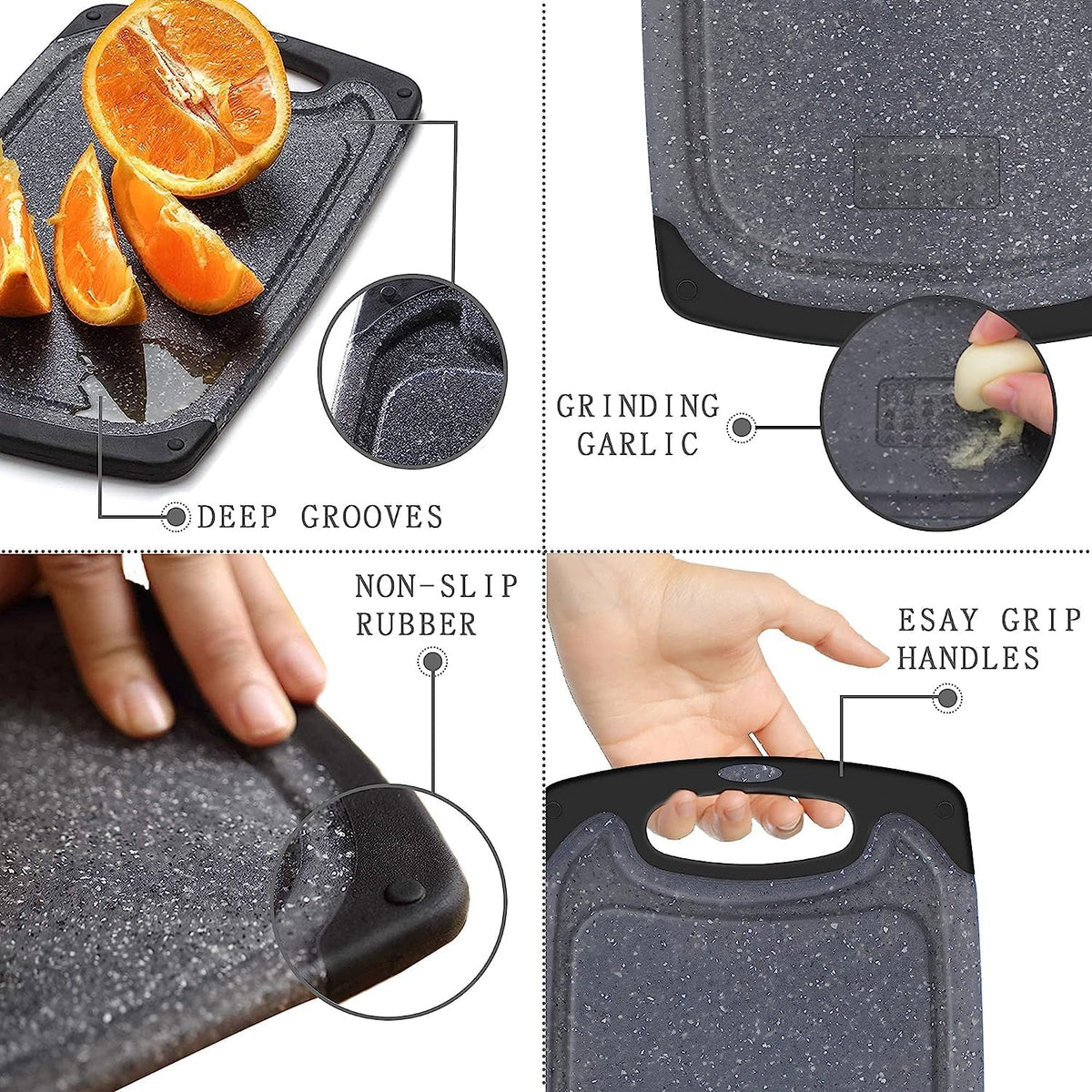 Cutting Boards for Kitchen, Plastic Chopping Board Set of 3 with Non-Slip Feet, Juice Grooves, Easy Grip Handle, BPA Free, Non-Porous, Dishwasher Safe, Multiple Sizes (Black，Grind Function)