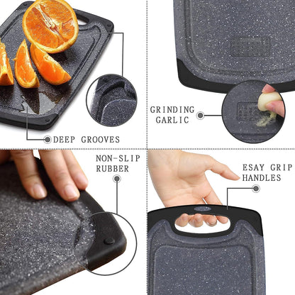 Cutting Boards for Kitchen, Plastic Chopping Board Set of 3 with Non-Slip Feet, Juice Grooves, Easy Grip Handle, BPA Free, Non-Porous, Dishwasher Safe, Multiple Sizes (Black，Grind Function)
