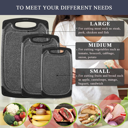 Cutting Boards for Kitchen, Plastic Chopping Board Set of 3 with Non-Slip Feet, Juice Grooves, Easy Grip Handle, BPA Free, Non-Porous, Dishwasher Safe, Multiple Sizes (Black，Grind Function)