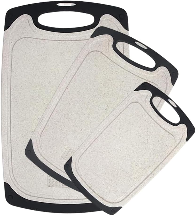 Cutting Boards for Kitchen, Plastic Chopping Board Set of 3 with Non-Slip Feet, Juice Grooves, Easy Grip Handle, BPA Free, Non-Porous, Dishwasher Safe, Multiple Sizes (Black，Grind Function)