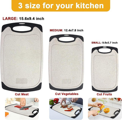 Cutting Boards for Kitchen, Plastic Chopping Board Set of 3 with Non-Slip Feet, Juice Grooves, Easy Grip Handle, BPA Free, Non-Porous, Dishwasher Safe, Multiple Sizes (Black，Grind Function)