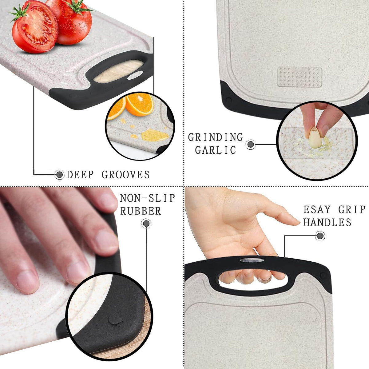 Cutting Boards for Kitchen, Plastic Chopping Board Set of 3 with Non-Slip Feet, Juice Grooves, Easy Grip Handle, BPA Free, Non-Porous, Dishwasher Safe, Multiple Sizes (Black，Grind Function)