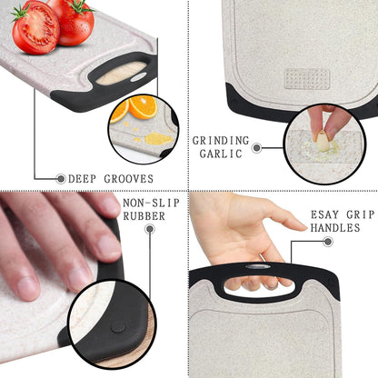Cutting Boards for Kitchen, Plastic Chopping Board Set of 3 with Non-Slip Feet, Juice Grooves, Easy Grip Handle, BPA Free, Non-Porous, Dishwasher Safe, Multiple Sizes (Black，Grind Function)