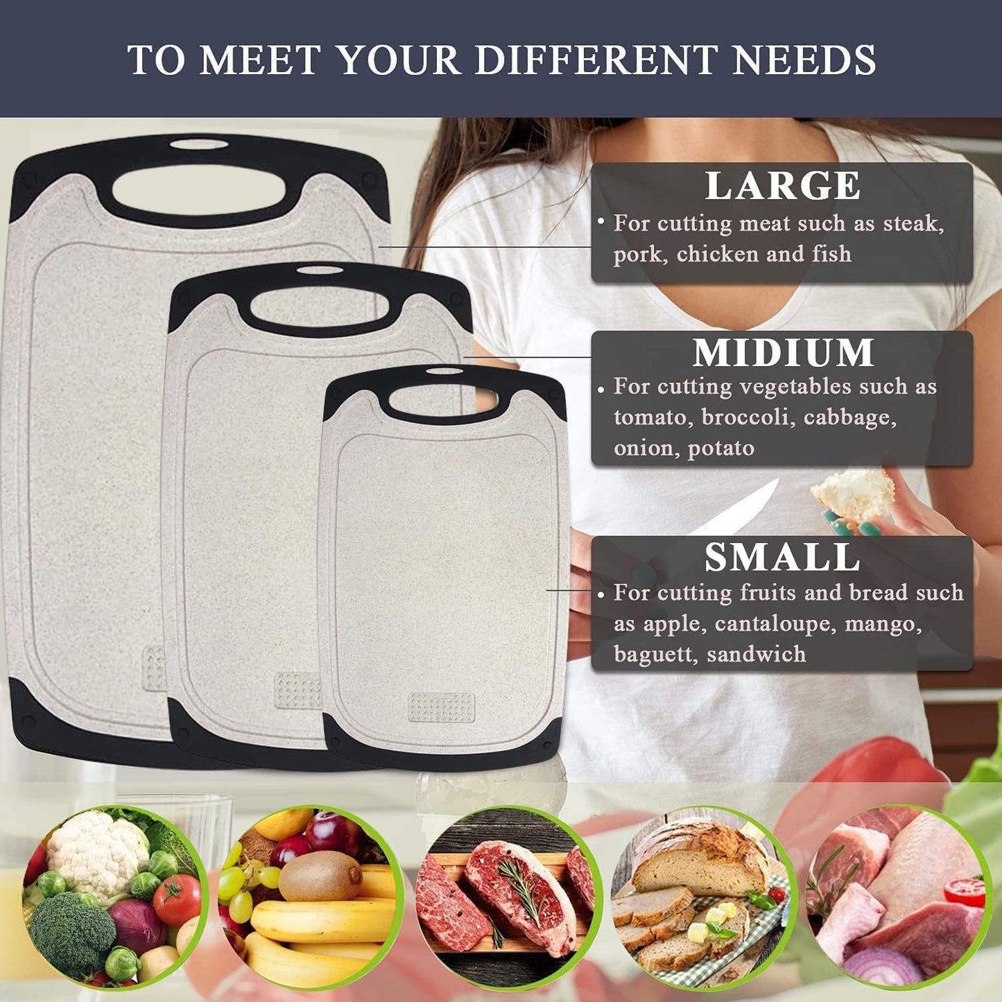 Cutting Boards for Kitchen, Plastic Chopping Board Set of 3 with Non-Slip Feet, Juice Grooves, Easy Grip Handle, BPA Free, Non-Porous, Dishwasher Safe, Multiple Sizes (Black，Grind Function)