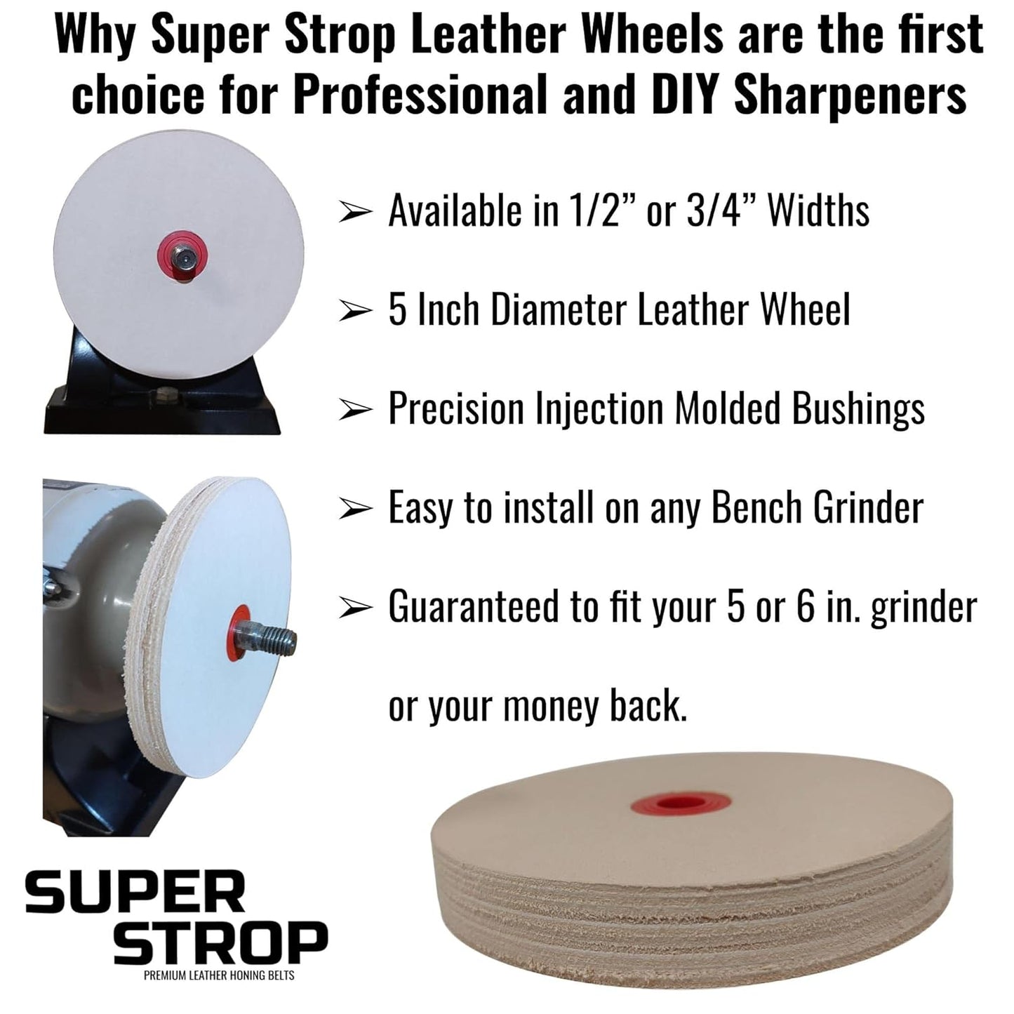 5 in Leather Honing Stropping Wheel fits 1/2", 5/8" and 3/4" Arbors Includes Premium White Buffing Compound Made in USA (1/2 in. Width)