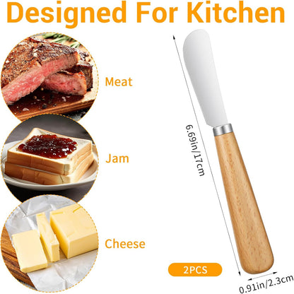 2 Pcs Butter Knife Spreader, Small Butter Knife, Stainless Steel Cheese Knives for Smooth Spreading Butter Cream Cheese Jam, Ideal for Bagels, Sandwiches (Wooden Handle, 6.69 Inch)