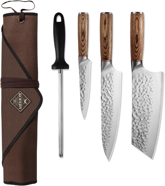 5 Piece Butcher Knife Set with Roll Bag for Chefs & BBQ Grill | High Carbon Steel Collection, Hammered Blades, Meat Cutting, Culinary Student Gift, Outdoor Cooking, Sheath & Honing Rod