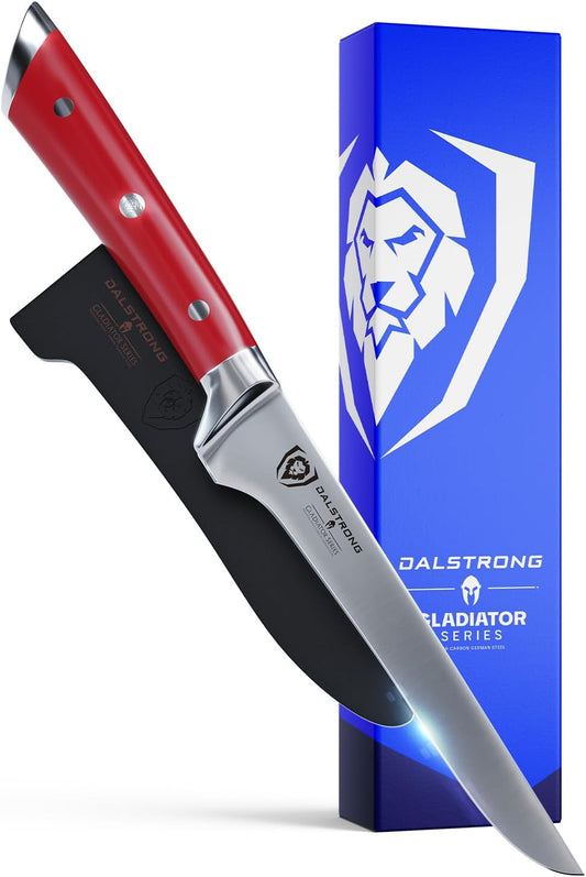 Boning Knife - 6 inch - Gladiator Series - High Carbon German Steel - Crimson Red ABS Handle - Meat Carving, Trimming, Deboning - w/Sheath - NSF Certified