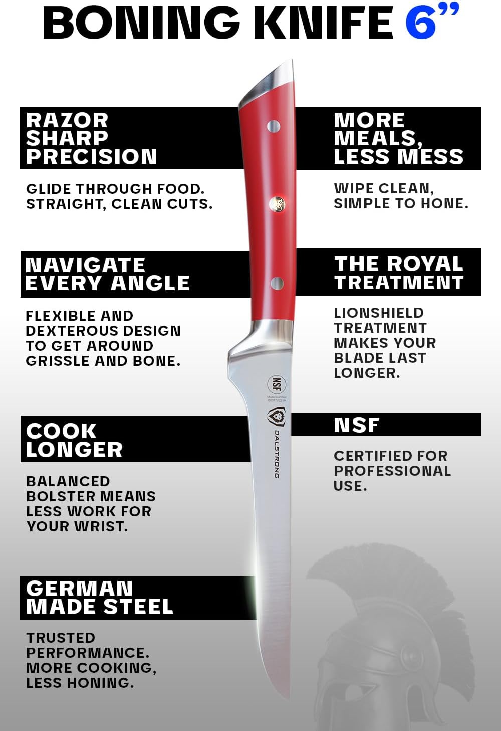 Boning Knife - 6 inch - Gladiator Series - High Carbon German Steel - Crimson Red ABS Handle - Meat Carving, Trimming, Deboning - w/Sheath - NSF Certified