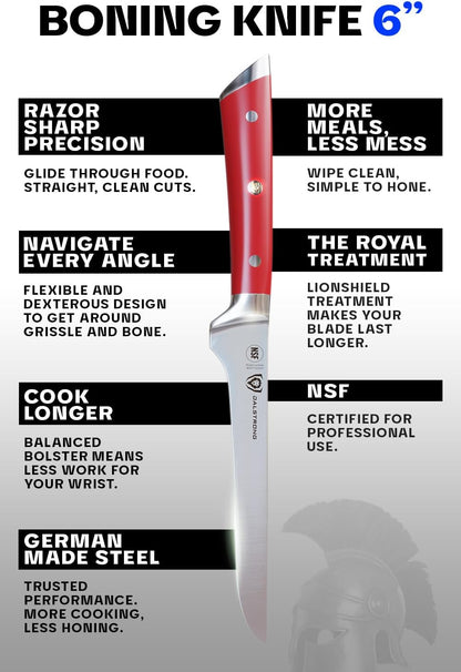 Boning Knife - 6 inch - Gladiator Series - High Carbon German Steel - Crimson Red ABS Handle - Meat Carving, Trimming, Deboning - w/Sheath - NSF Certified