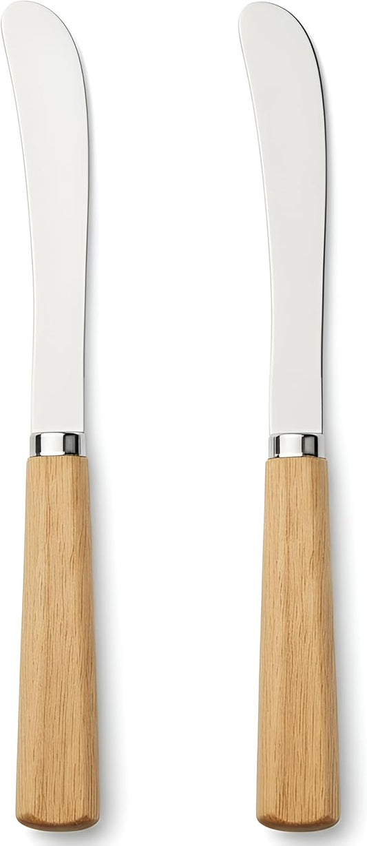 Butter Knife Set of 2 – Oak Wood Handle 17cm Stainless Steel Butter Knives for Spreading Butter, Jam, Cream Cheese, Soft Cheese – Rustic Wooden Spreader for Toast & Sandwich