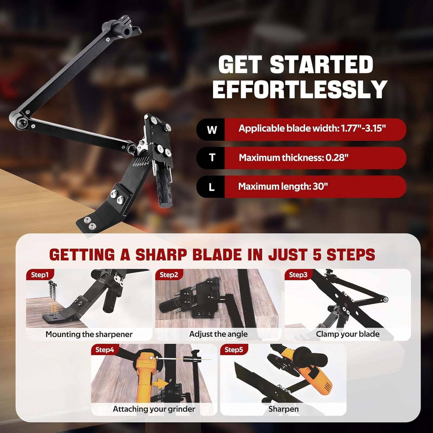 New Upgrade Large Size Mower Blade Sharpener Model 5005 | 15°-45° Adjustable Frame with Ball Bearing 25mm Enlarged Handle Lawn Mower Blade Sharpener for All Lawnmower Blades Black