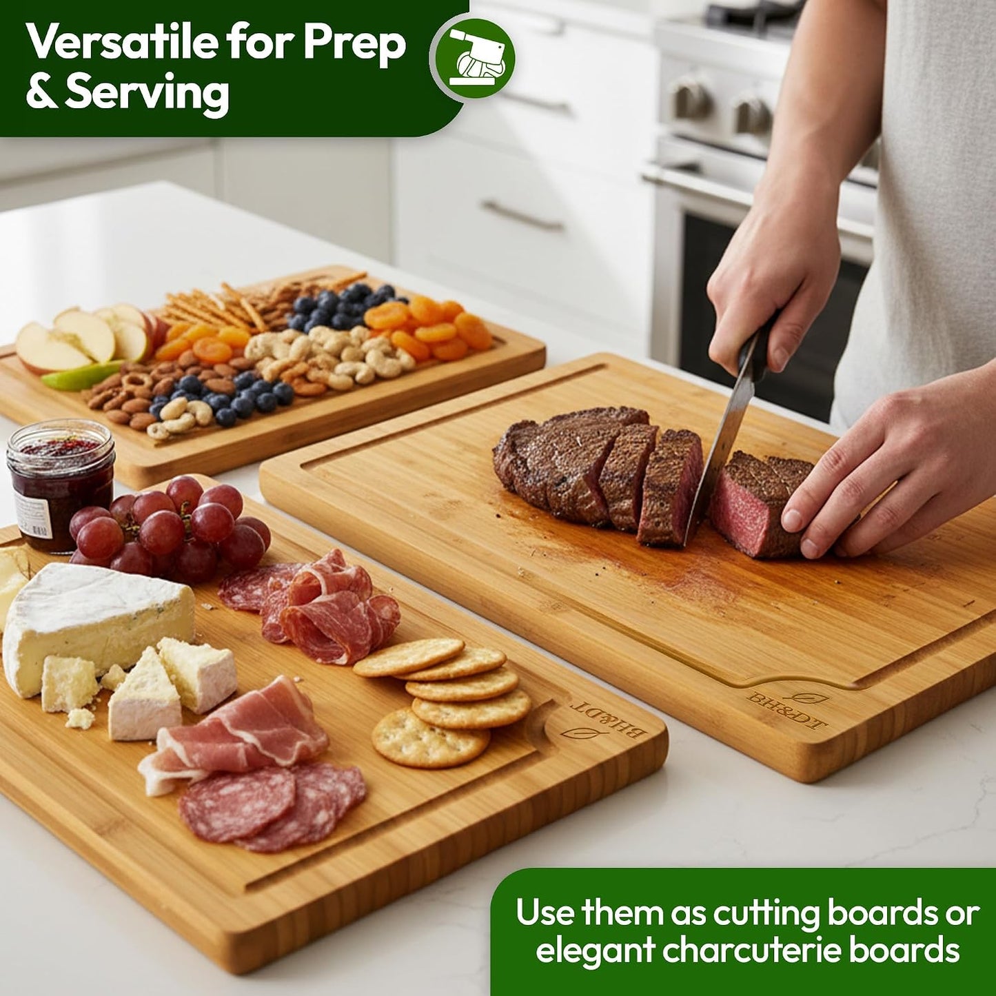 Cutting Board Set, Bamboo Cutting Boards for Kitchen with Juice Groove,Multipurpose Board for Food Prep and Serving meat cutting board,cutting,boardgift set,wood board,bamboo cutting board set.