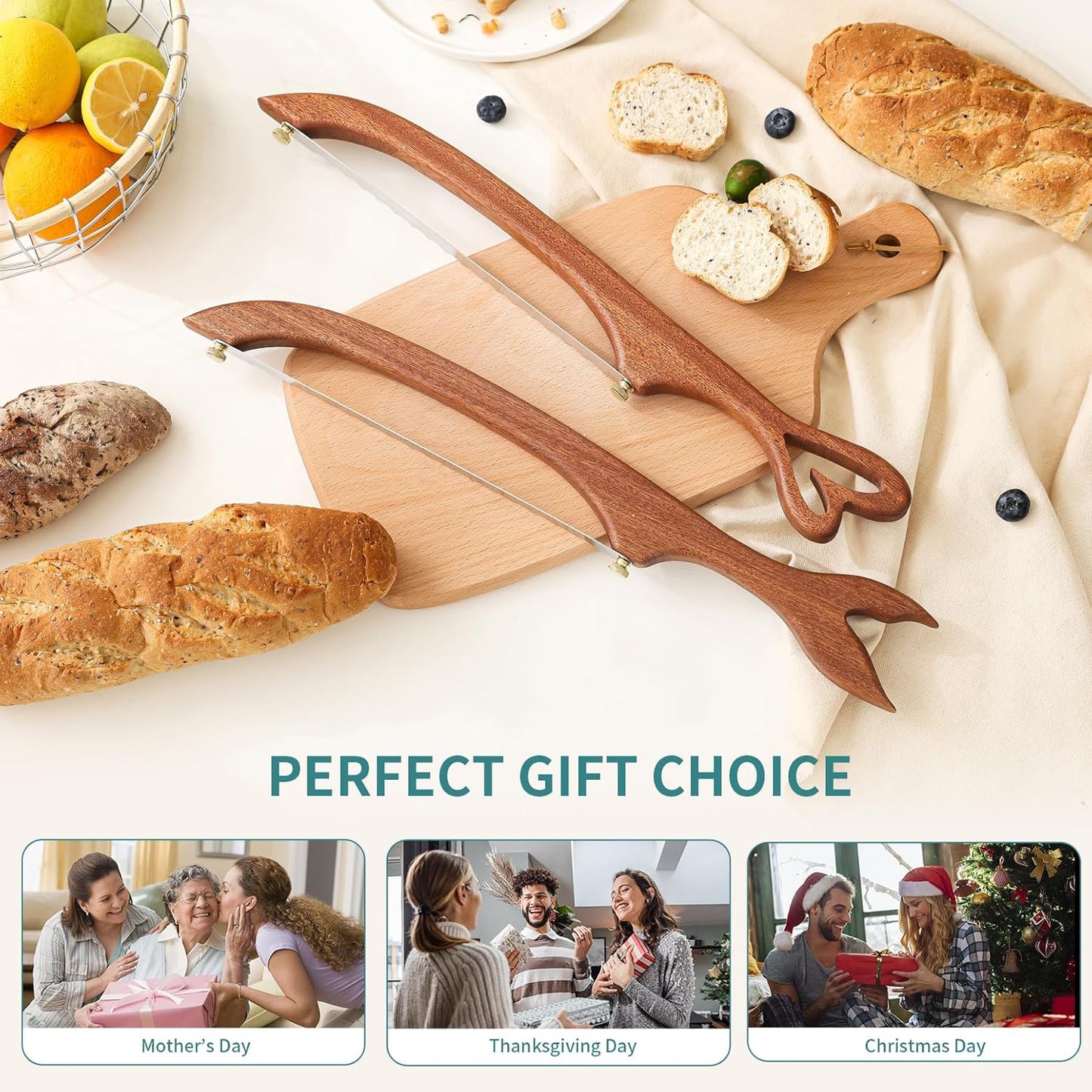 Sourdough Bread Knife for Homemade Bread Slicing, Sourdough Bread Cutter Slicer, Wooden Bread Bow Knife for Sourdough, Bread Saw (Loving heart)
