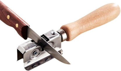 Knife Sharpener - Handheld Manual Sharpening Tool for Fixed Blades, Pocketknives, and Kitchen Knives - Blade Sharpener with Rotating Steel Sharpening Discs and Bubinga Handle
