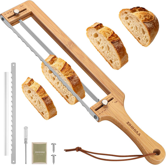 Adjustable Bread Knife for Homemade Bread Sourdough, Bamboo Handle | 304 Stainless Steel, Precision Slicing Guide, Bow Bread Knife with Extra Blade, Manual Bread Cutter, Gift for Bakers
