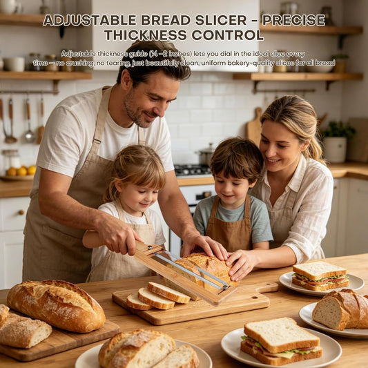 Adjustable Bread Knife for Homemade Bread Sourdough, Bamboo Handle | 304 Stainless Steel, Precision Slicing Guide, Bow Bread Knife with Extra Blade, Manual Bread Cutter, Gift for Bakers