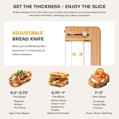 Adjustable Bread Knife for Homemade Bread Sourdough, Bamboo Handle | 304 Stainless Steel, Precision Slicing Guide, Bow Bread Knife with Extra Blade, Manual Bread Cutter, Gift for Bakers