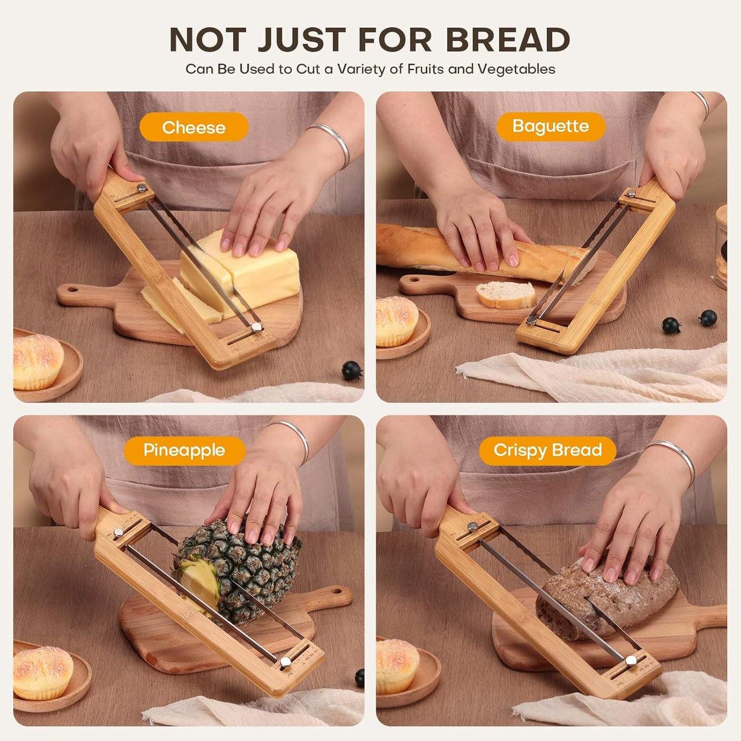 Adjustable Bread Knife for Homemade Bread Sourdough, Bamboo Handle | 304 Stainless Steel, Precision Slicing Guide, Bow Bread Knife with Extra Blade, Manual Bread Cutter, Gift for Bakers