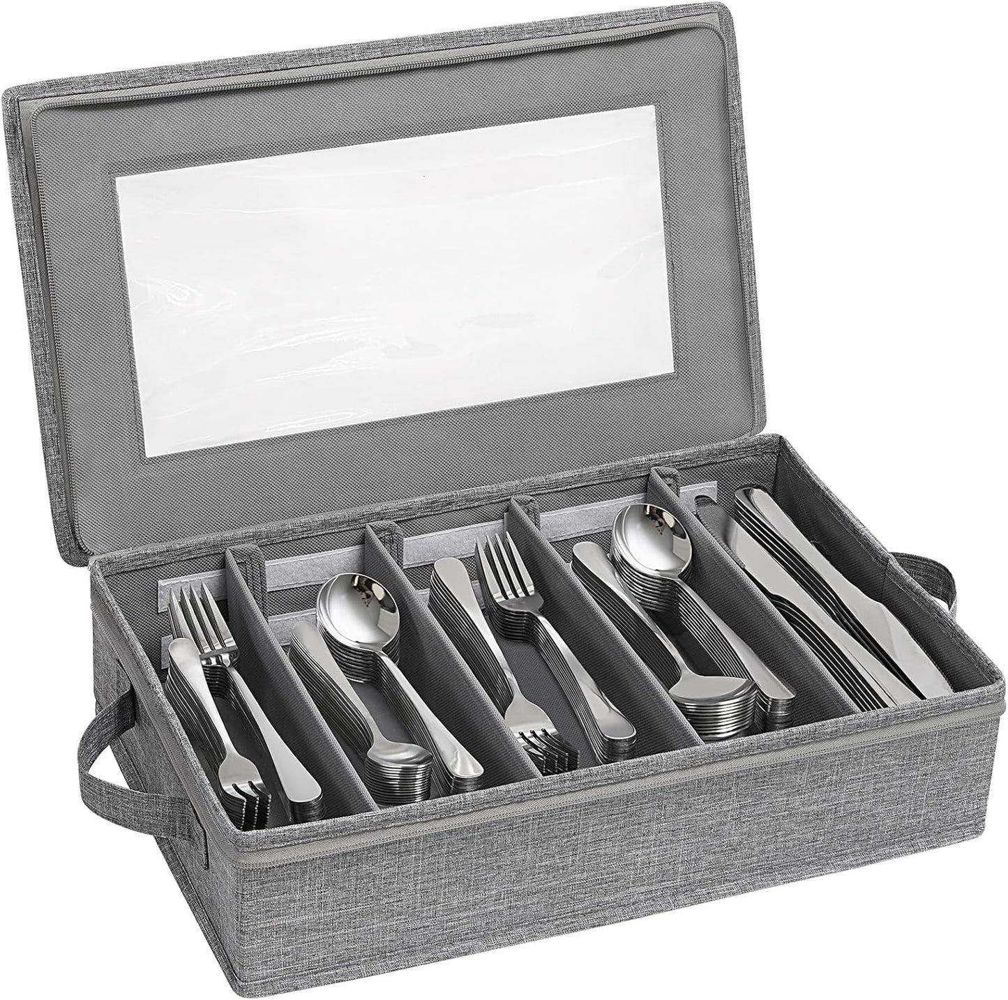 Silverware Storage Box, Covered Flatware Organizer with Zipper Lid, 5 Compartment Cutlery Case with Adjustable Divider and Handle, Utensil Container for Spoon Fork Knives, 1 Pack
