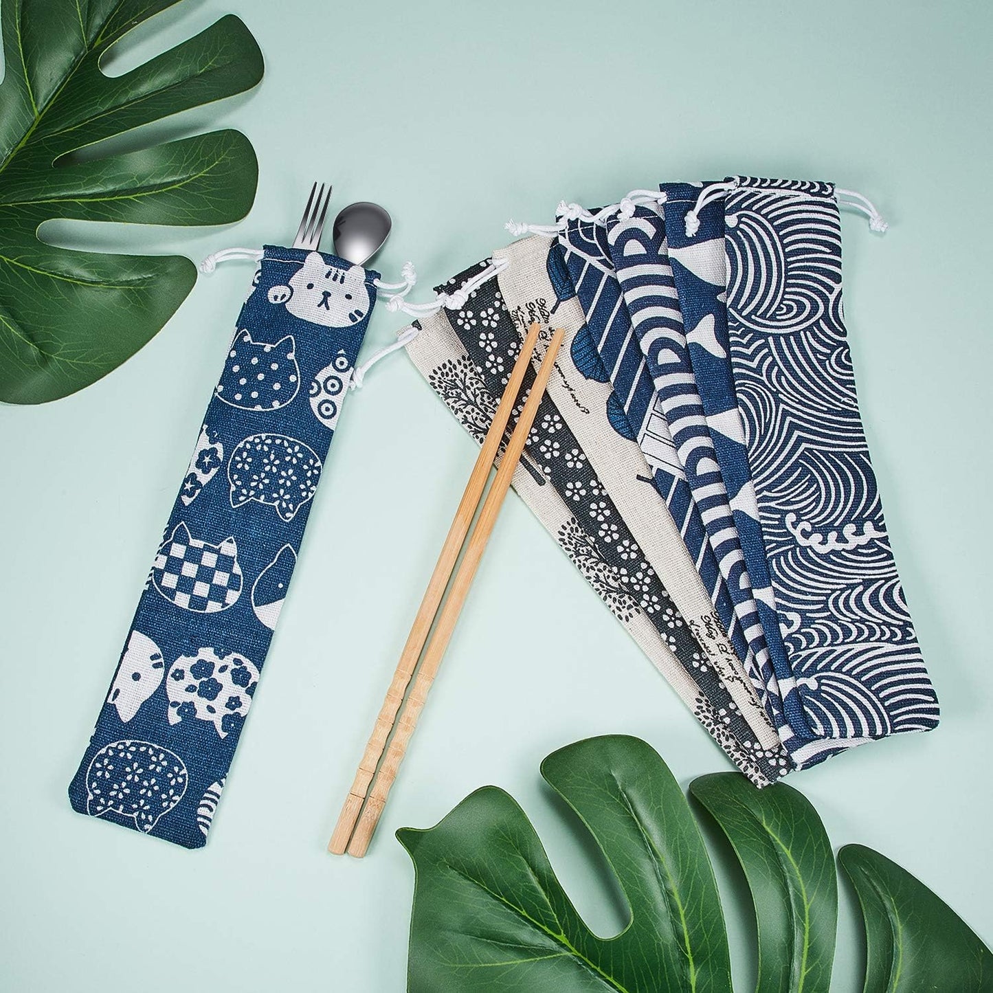 20 Pcs Straw Carrying Case Chopstick Case, Reusable Utensil Pouch Portable Travel Canvas Bag for Straws, Knife, Fork, Spoon, Chopsticks (Nature Beige Mix)
