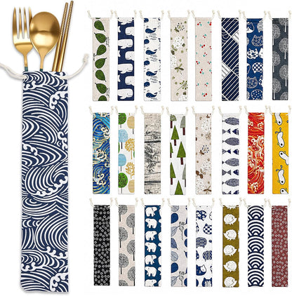 20 Pcs Straw Carrying Case Chopstick Case, Reusable Utensil Pouch Portable Travel Canvas Bag for Straws, Knife, Fork, Spoon, Chopsticks (Nature Beige Mix)