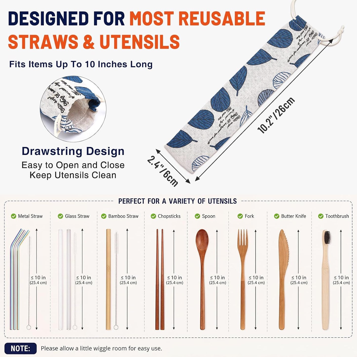 20 Pcs Straw Carrying Case Chopstick Case, Reusable Utensil Pouch Portable Travel Canvas Bag for Straws, Knife, Fork, Spoon, Chopsticks (Nature Beige Mix)