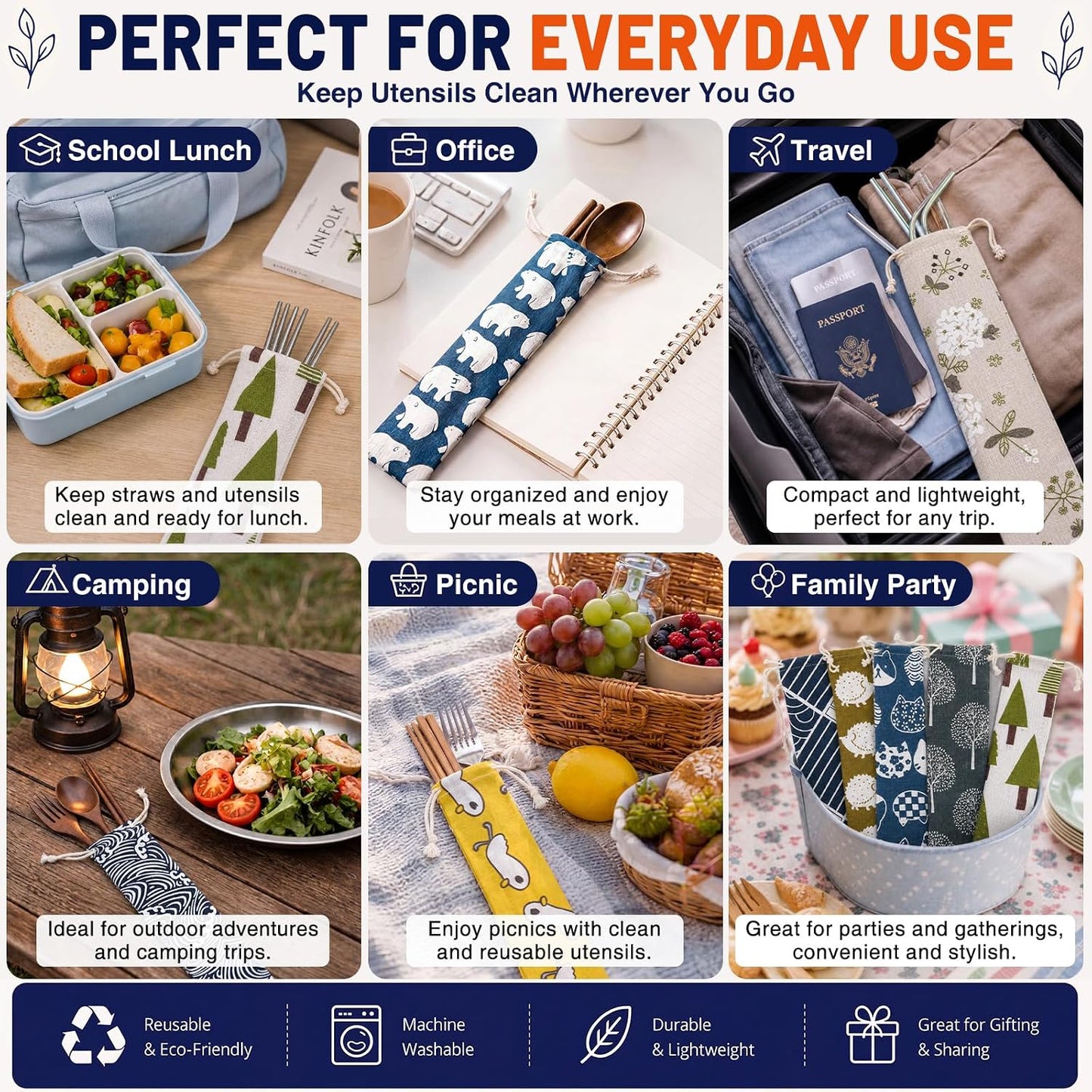 20 Pcs Straw Carrying Case Chopstick Case, Reusable Utensil Pouch Portable Travel Canvas Bag for Straws, Knife, Fork, Spoon, Chopsticks (Nature Beige Mix)